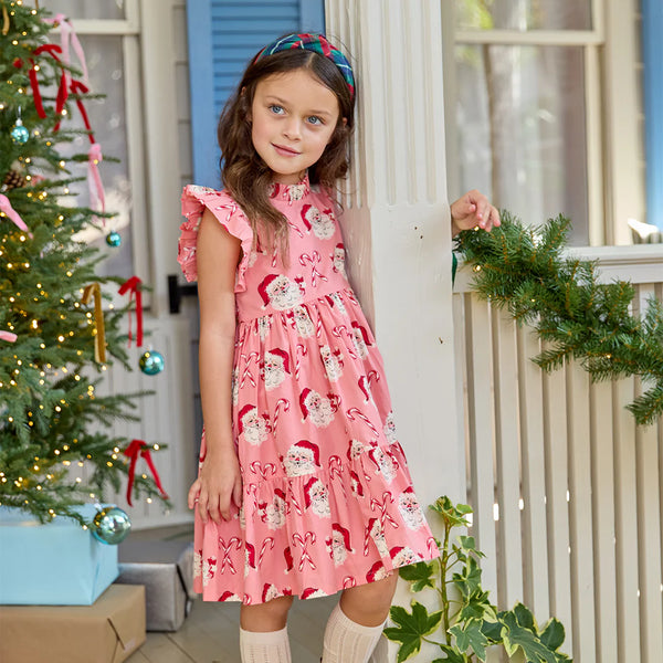Girls Jennifer Dress- Pink Candy Cane Santa