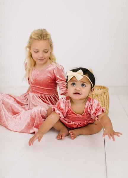 Quinn Romper in Pink Crushed Velvet | Baby Clothing