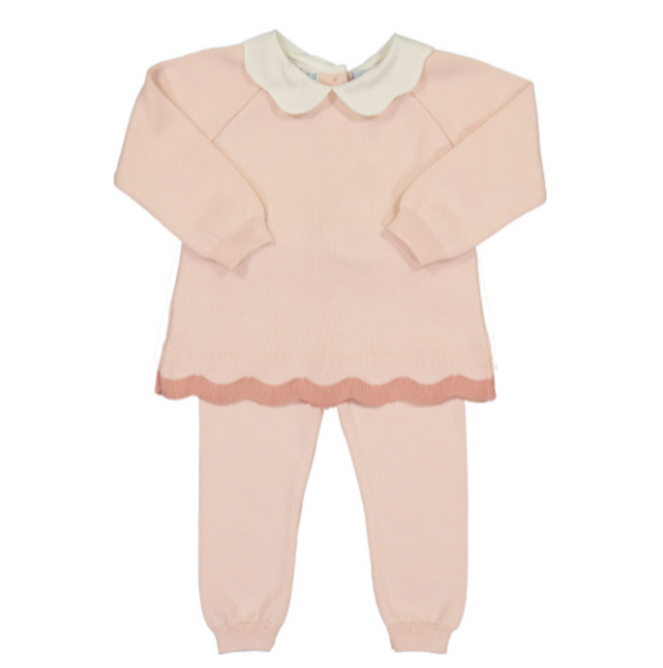 Scalloped Contrast Trim Knit Set- Blush