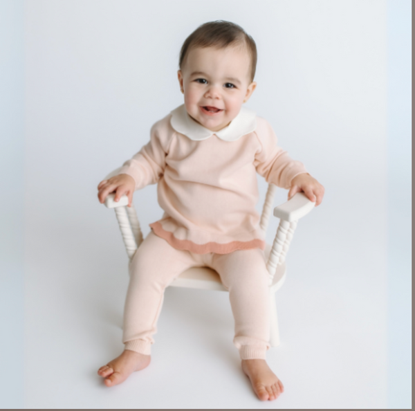 Scalloped Contrast Trim Knit Set- Blush