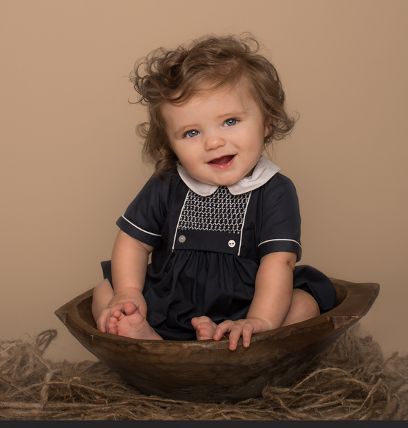 Chevron Smocked Creeper- Navy