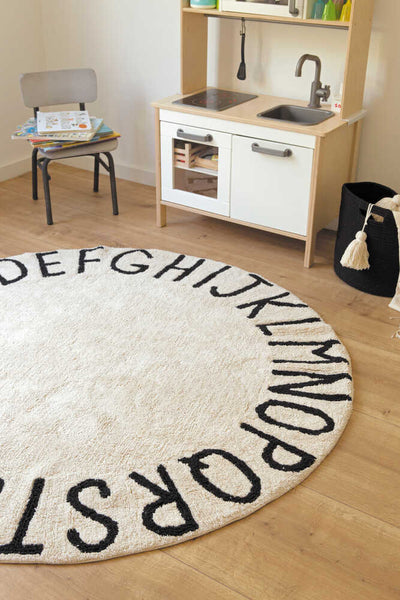 Washable Round Rug ABC Natural- Black
