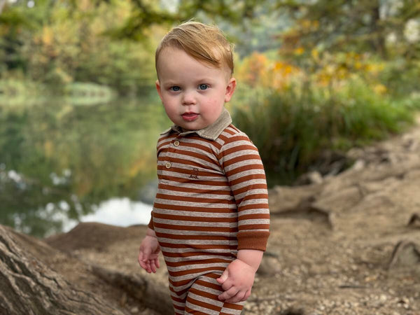 Kingston Polo Romper- Brown/ Beige Stripe (FINAL SALE)