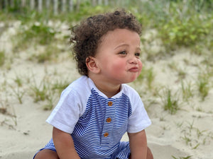 Afloat Raglan Romper- Royal/ White Stripe