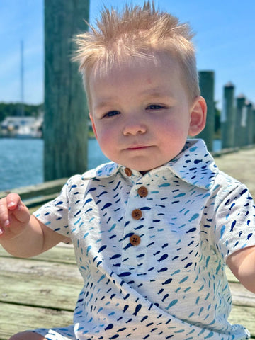 Drift Printed Polo Romper- Blue Fish