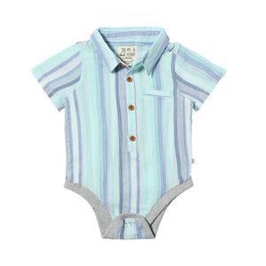 Helford Woven Onesie- Blue/Seafoam Stripe
