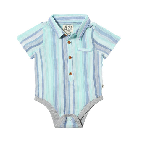 Helford Woven Onesie- Blue/Seafoam Stripe