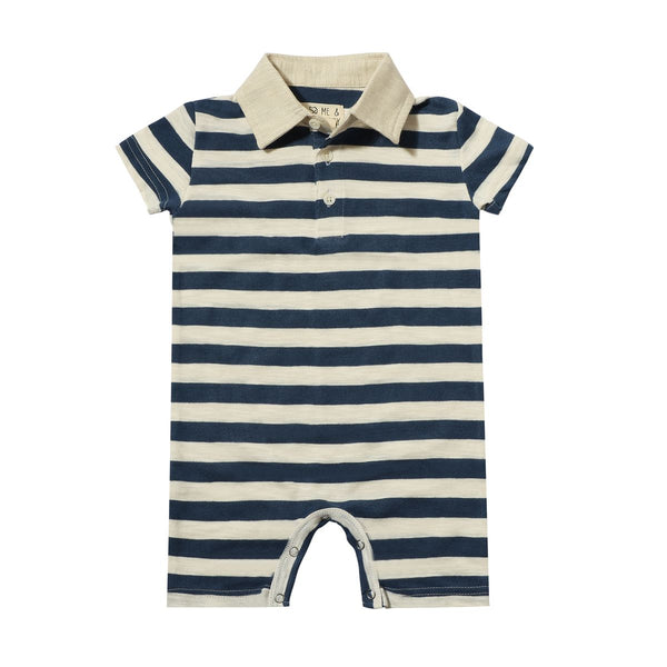 Saltash Polo Romper- Navy/White Striped