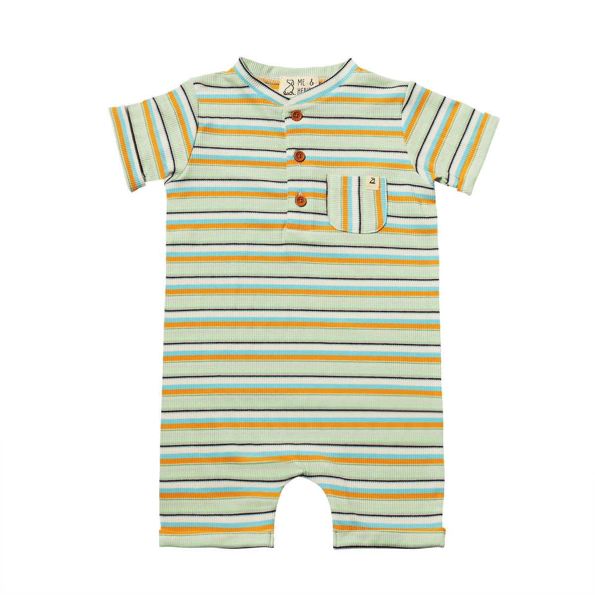 Camborne Henley Romper- Blue/Tangerine Multi-stripe