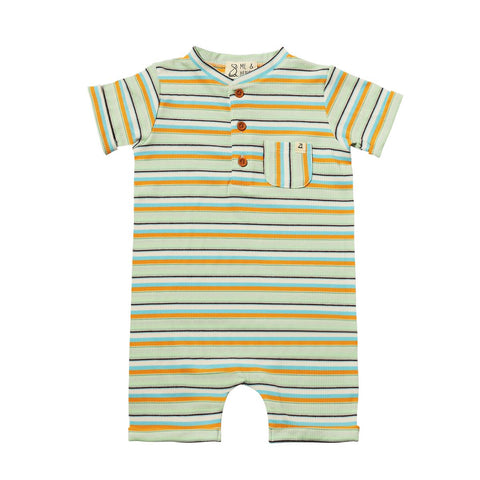 Camborne Henley Romper- Blue/Tangerine Multi-stripe