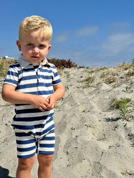 Saltash Polo Romper- Navy/White Striped