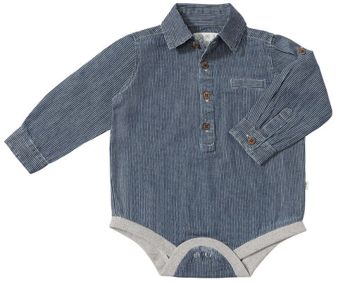 Jasper Woven Onesie- Blue/Thin White Stripe