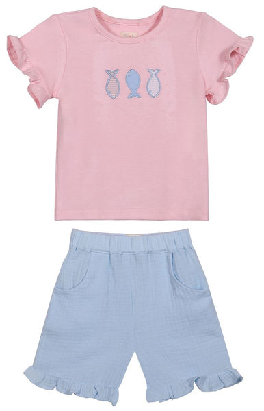 Nina 2 Piece Shorts and Tee Set - Fish Applique