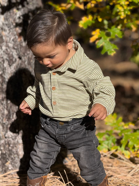 RIPLEY polo onesie-sage/cream ribbed stripe