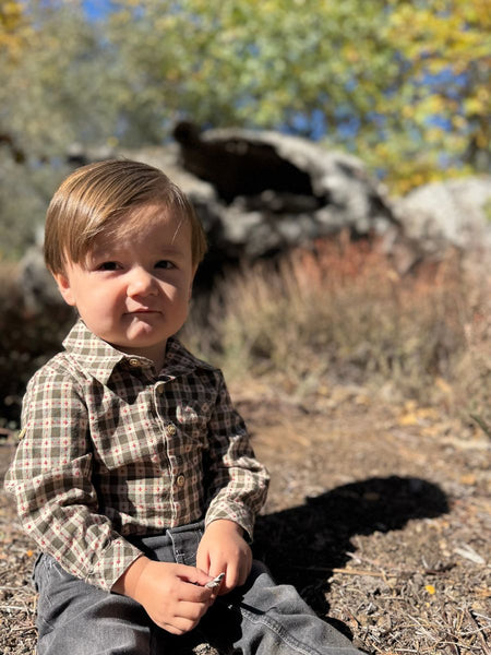 Jasper Woven onesie- sage/rust stitch plaid