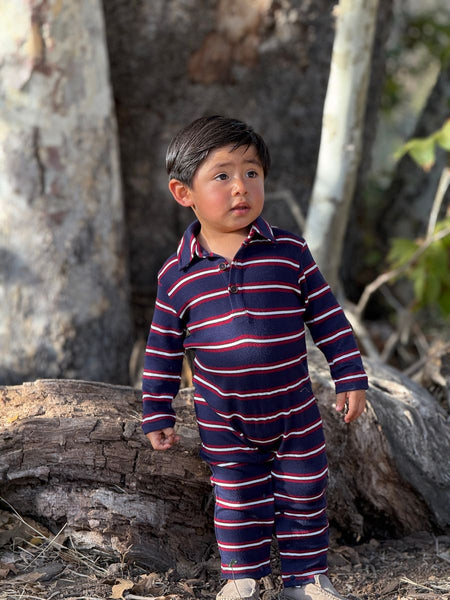 KINGSTON polo romper- navy/burgundy stripe