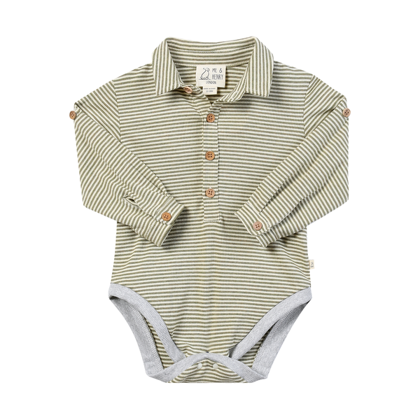 RIPLEY polo onesie-sage/cream ribbed stripe