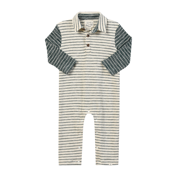 ARLINGTON polo romper- cream/green stripe