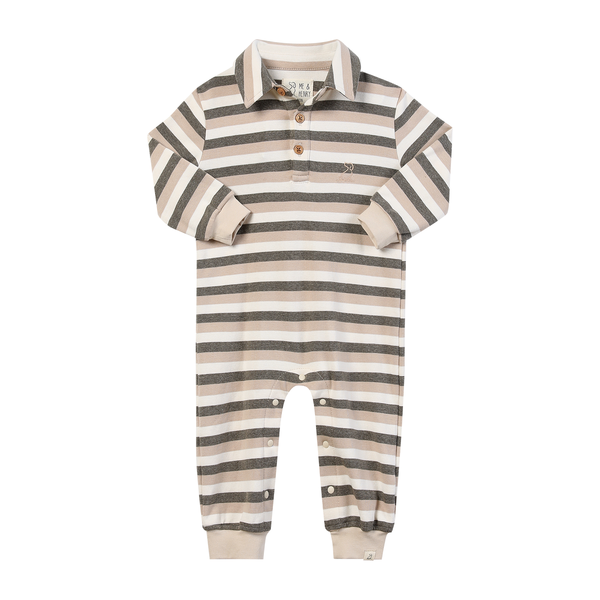 KINGSTON polo romper-Beige/grey stripe