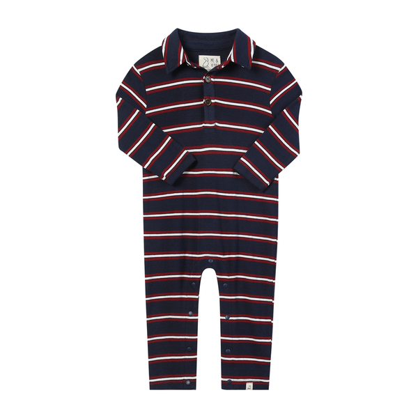 KINGSTON polo romper- navy/burgundy stripe