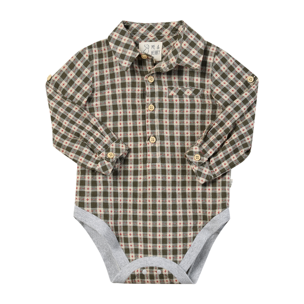 Jasper Woven onesie- sage/rust stitch plaid