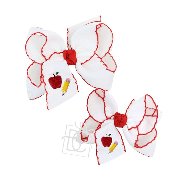 Embroidered Apple & Pencil on Crochet Edge Bow