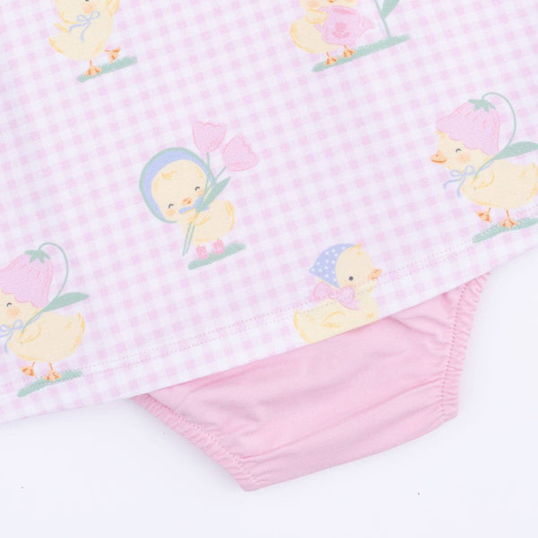 Vintage Spring Ducklings Pink - A-Line Bodysuit Dress