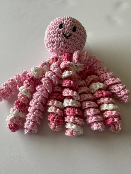 Hand crochet octopus for preemies in pink and variegated pin