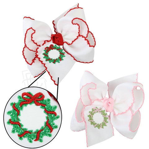 Embroidered Wreath Crochet Edge Hair bow 5.5"