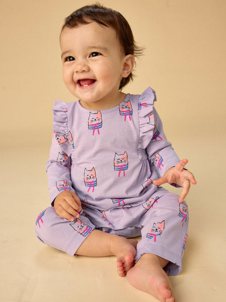 Ruffle Shoulder Baby Romper -Bow Tie Cats
