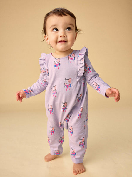 Ruffle Shoulder Baby Romper -Bow Tie Cats