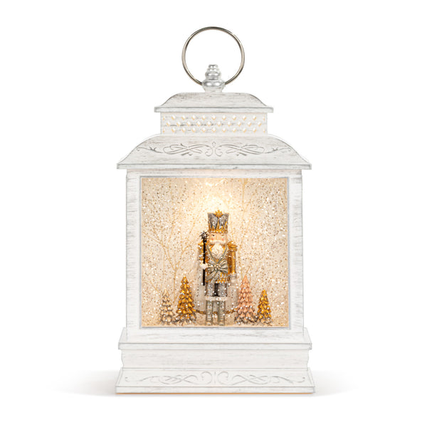 Nutcracker with Trees Lit Musical White USB Snow Globe Lantern