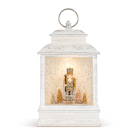 Nutcracker with Trees Lit Musical White USB Snow Globe Lantern