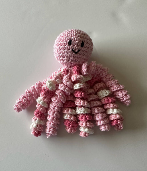 Hand crochet octopus for preemies in pink and variegated pin