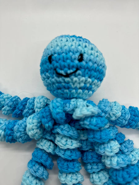 Hand crochet octopus for preemies in bright variegated blue