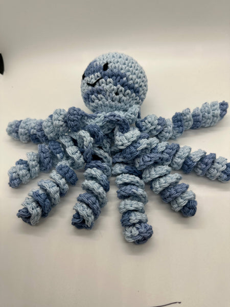Hand crochet octopus for preemies in variegated blue