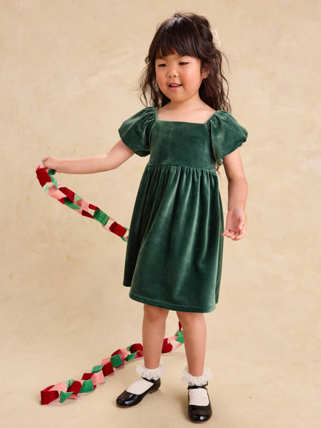 Puff Shoulder Velour Dress- Pineneedle