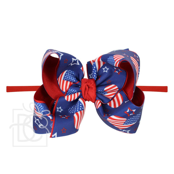 1/4" PANTYHOSE HEADBAND W/ LAYERED PATRIOTIC HEART PRINT BOW