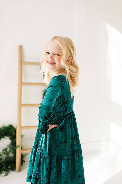Gwendolyn Ruffle Dress in Crushed Green Velvet