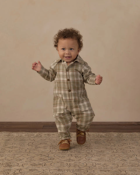 Collared Baby Jumpsuit Olive Dobby Plaid