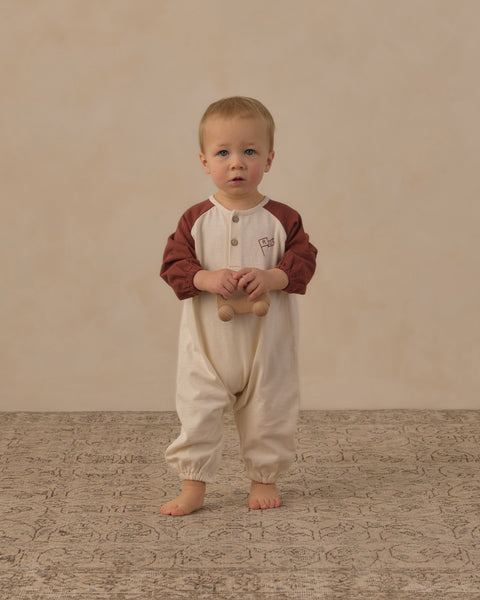 Henley Jumpsuit Brick Color Block