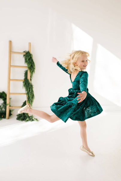 Gwendolyn Ruffle Dress in Crushed Green Velvet