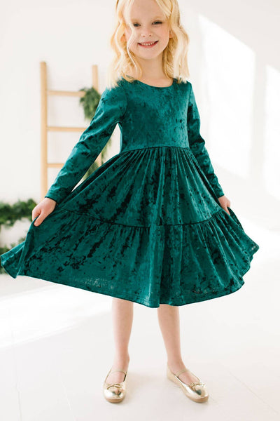 Gwendolyn Ruffle Dress in Crushed Green Velvet