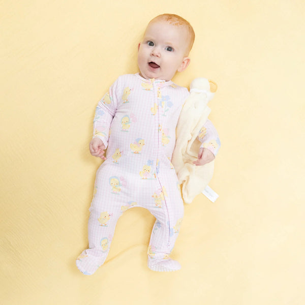Vintage Spring Ducklings Pink - 2 Way Zipper Footie