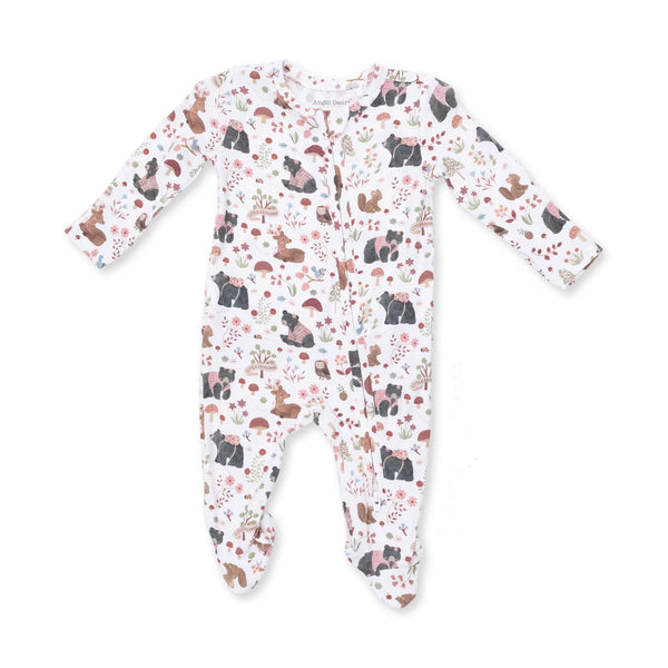 Southern Woodland Animals Pink- 2 Way Ruffle Back Zipper Footie