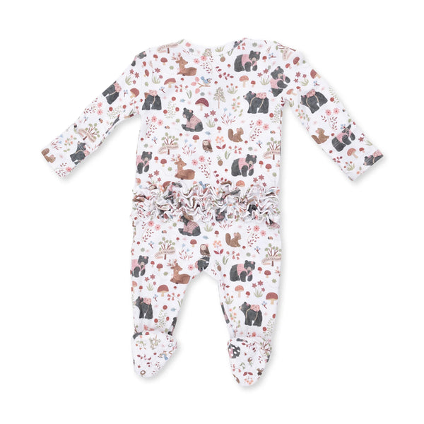 Southern Woodland Animals Pink- 2 Way Ruffle Back Zipper Footie
