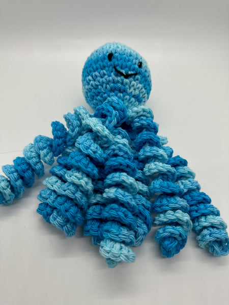 Hand crochet octopus for preemies in bright variegated blue