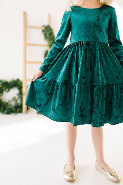 Gwendolyn Ruffle Dress in Crushed Green Velvet