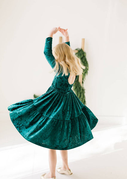Gwendolyn Ruffle Dress in Crushed Green Velvet