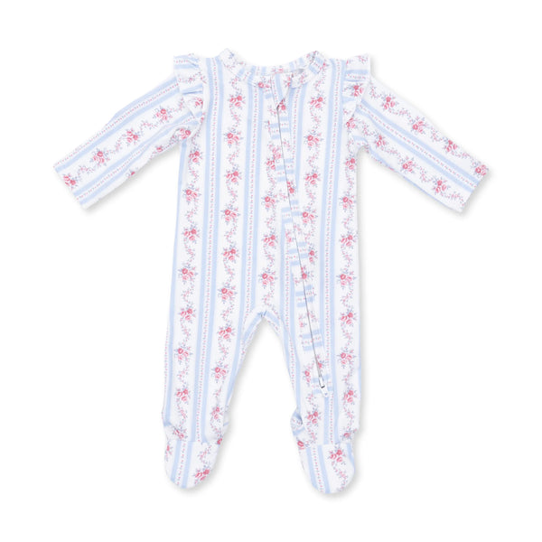 Anna Floral Stripe- 2 Way Ruffle Back Zipper Footie
